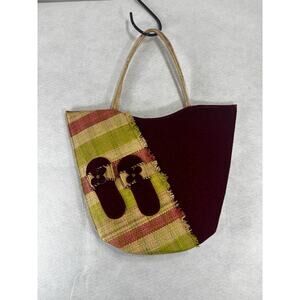 Women’s Two-Tone Tote Bag with Striped Accent - Burgundy and Green